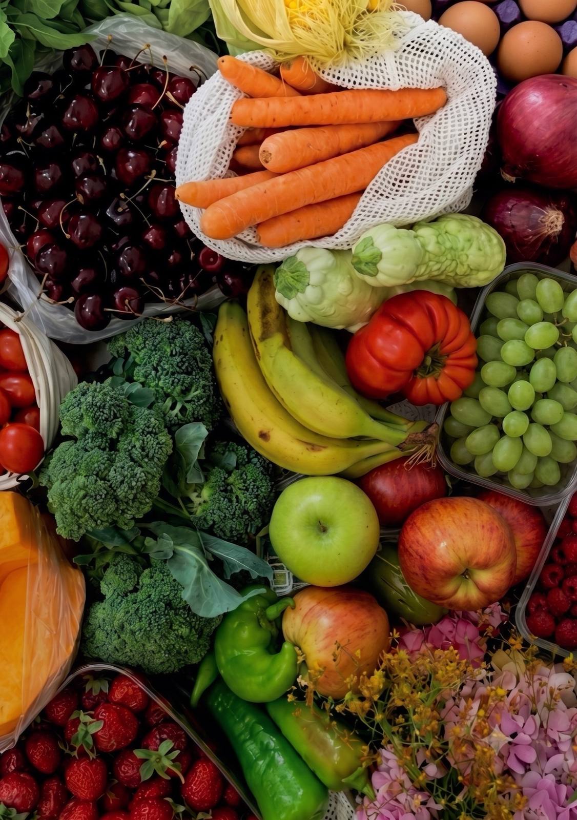 A market flat-lay of fresh produce: carrots, cherries, broccoli, bananas, grapes and tomatoes.