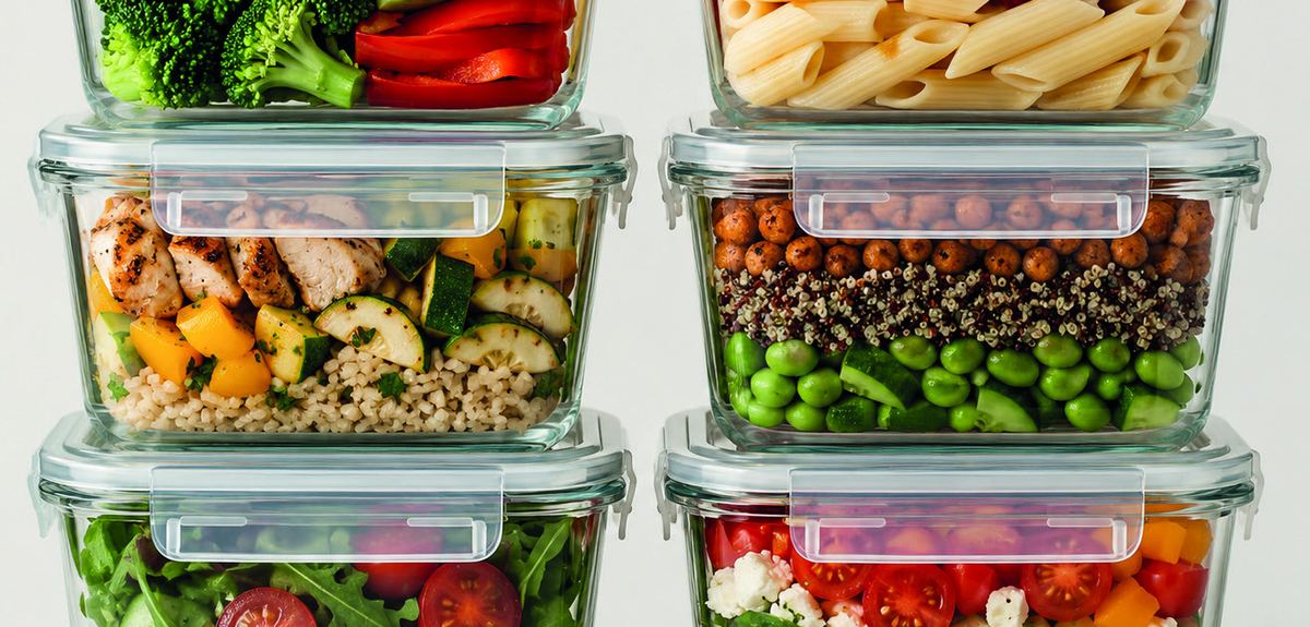 Stacked glass containers of prepped meals: grains, proteins, chickpeas and vegetables portioned for the week.