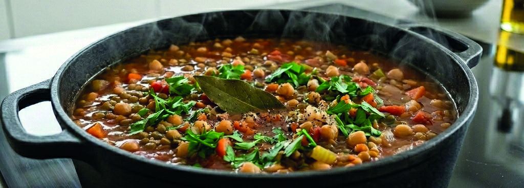 A steaming pot of lentil and chickpea soup with vegetables and a bay leaf.