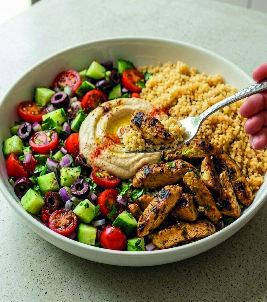 A chicken shawarma bowl with couscous, cucumber, tomatoes, olives and hummus.